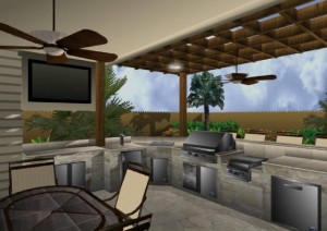 outdoor media room and kitchen