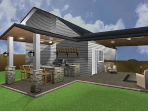 3D graphic rendering of an outdoor living space design by Outdoor Homescapes of Houston. It features two covered patios with roof extensions, housing a bar and grill area and living room between a house and garage. More at www.outdoorhomescapes.com.