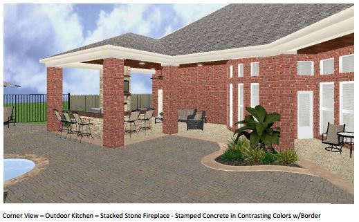 This 3D graphic rendering of a patio addition by Outdoor Homescapes of Houston shows the contrasting patio colors used to define different areas. More at www.outdoorhomescapes.com/blog