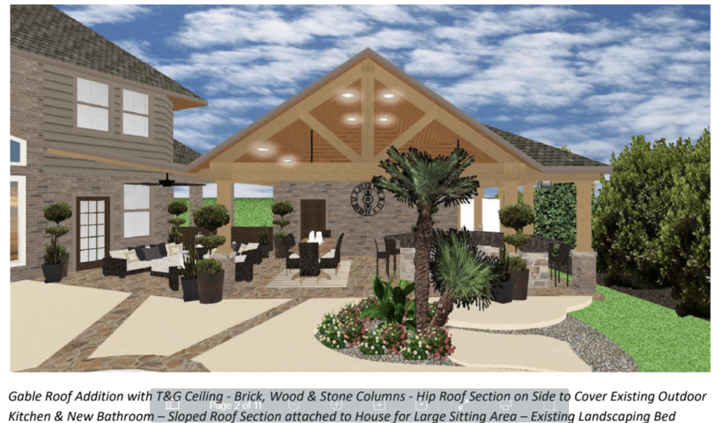 This is a 3D drawing of a large covered patio in Houston designed and built by Homescapes of Houston. More at www.outdoorhomescapes.com/blog