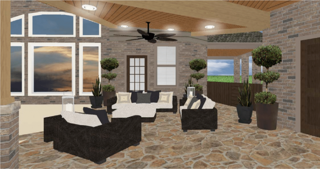 This 3D rendering of a large covered patio in Houston by Homescapes of Houston shows the new breezeway and sitting room. More at www.outdoorhomescapes.com